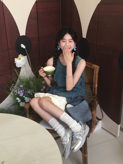 Sweet cool girl dopamine outfit two-piece suit bow sleeveless denim top flower bud skirt petite