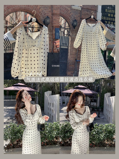 Fish Rabbit's Rabbit French Polka Dot Dress Women's Spring High-Quality Mid-Length Skirt Temperament Lady Long Skirt
