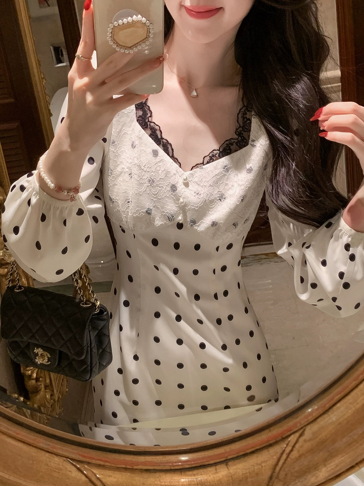 Fish Rabbit's Rabbit French Polka Dot Dress Women's Spring High-Quality Mid-Length Skirt Temperament Lady Long Skirt
