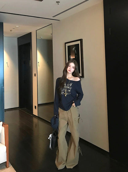 Qiu Rouyao Fashion Street Letter Oblique Shoulder Pleated Long Sleeve T-shirt Women's Lazy Style Design Revealed Clavicle Top