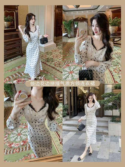 Fish Rabbit's Rabbit French Polka Dot Dress Women's Spring High-Quality Mid-Length Skirt Temperament Lady Long Skirt