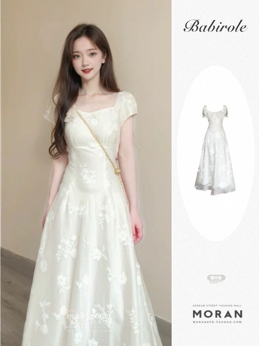 French retro temperament white embroidered square neck dress for women summer new style gentle style high waist slim long skirt