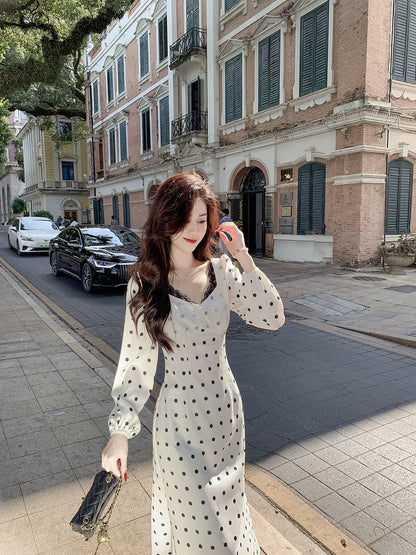 Fish Rabbit's Rabbit French Polka Dot Dress Women's Spring High-Quality Mid-Length Skirt Temperament Lady Long Skirt