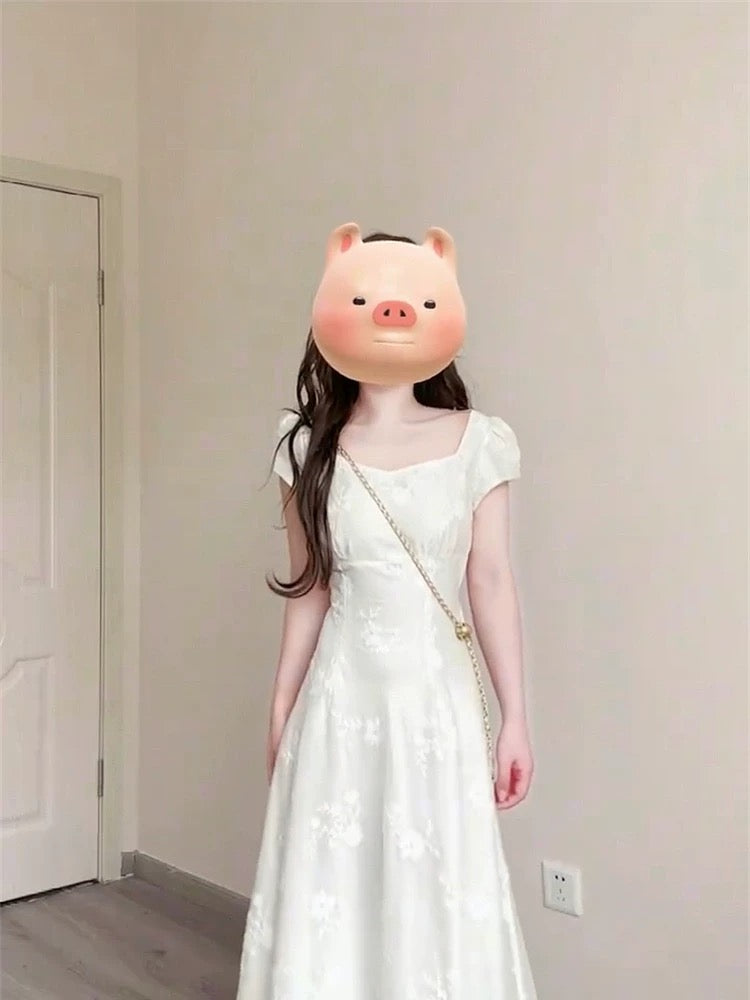 French retro temperament white embroidered square neck dress for women summer new style gentle style high waist slim long skirt