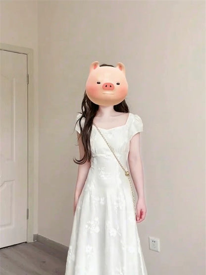 French retro temperament white embroidered square neck dress for women summer new style gentle style high waist slim long skirt