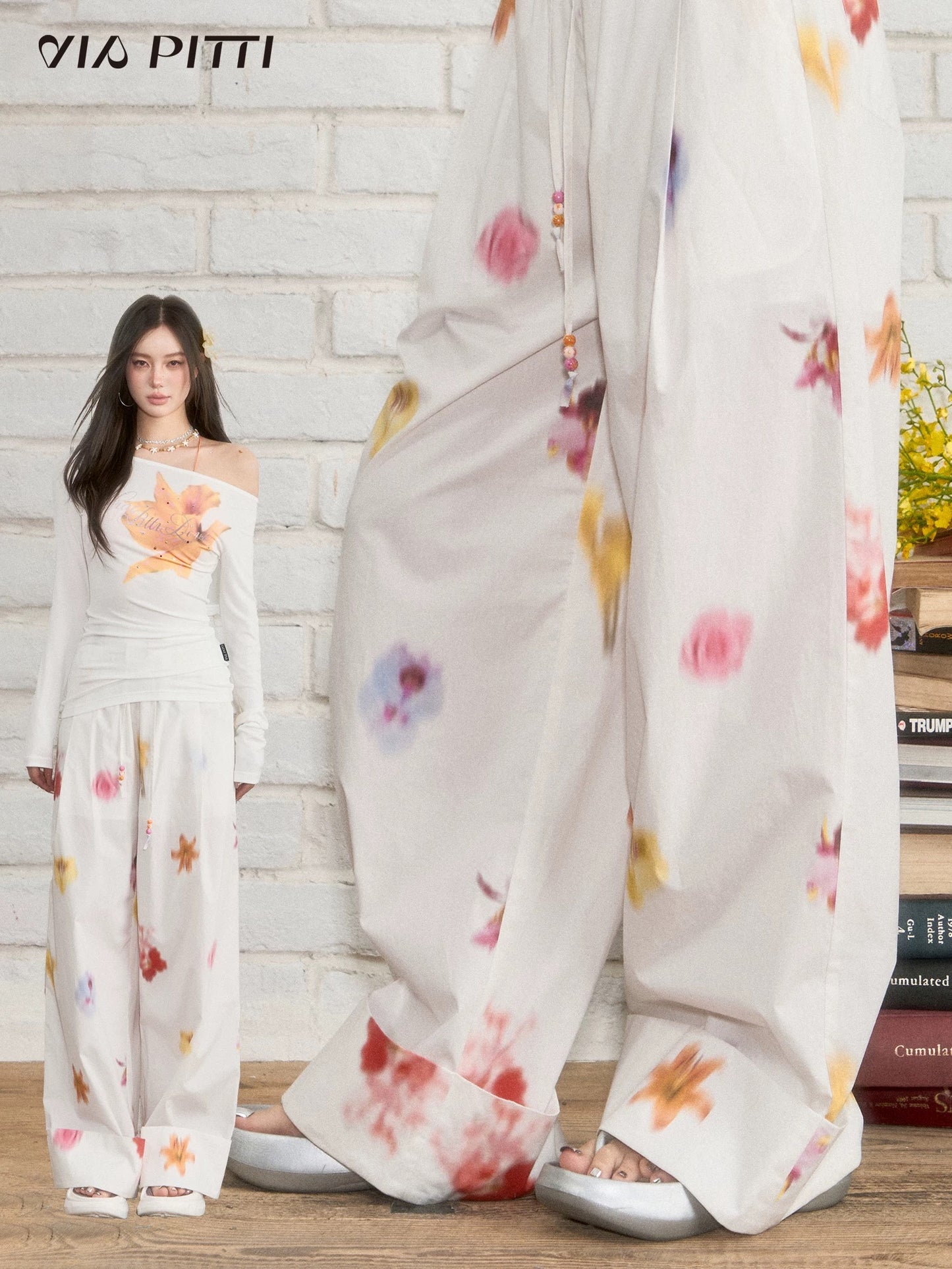VIAPITTI designer flower drape casual pants trousers women's summer versatile retro slim straight pants