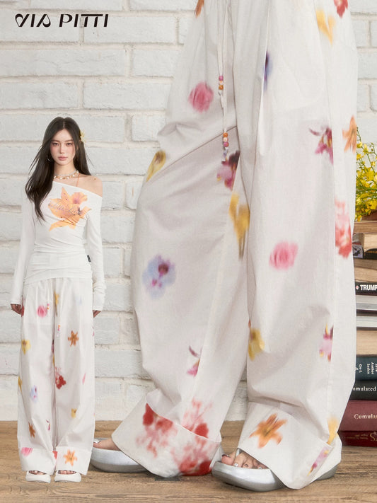 VIAPITTI designer flower drape casual pants trousers women's summer versatile retro slim straight pants
