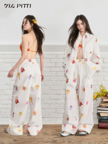 VIAPITTI designer flower drape casual pants trousers women's summer versatile retro slim straight pants