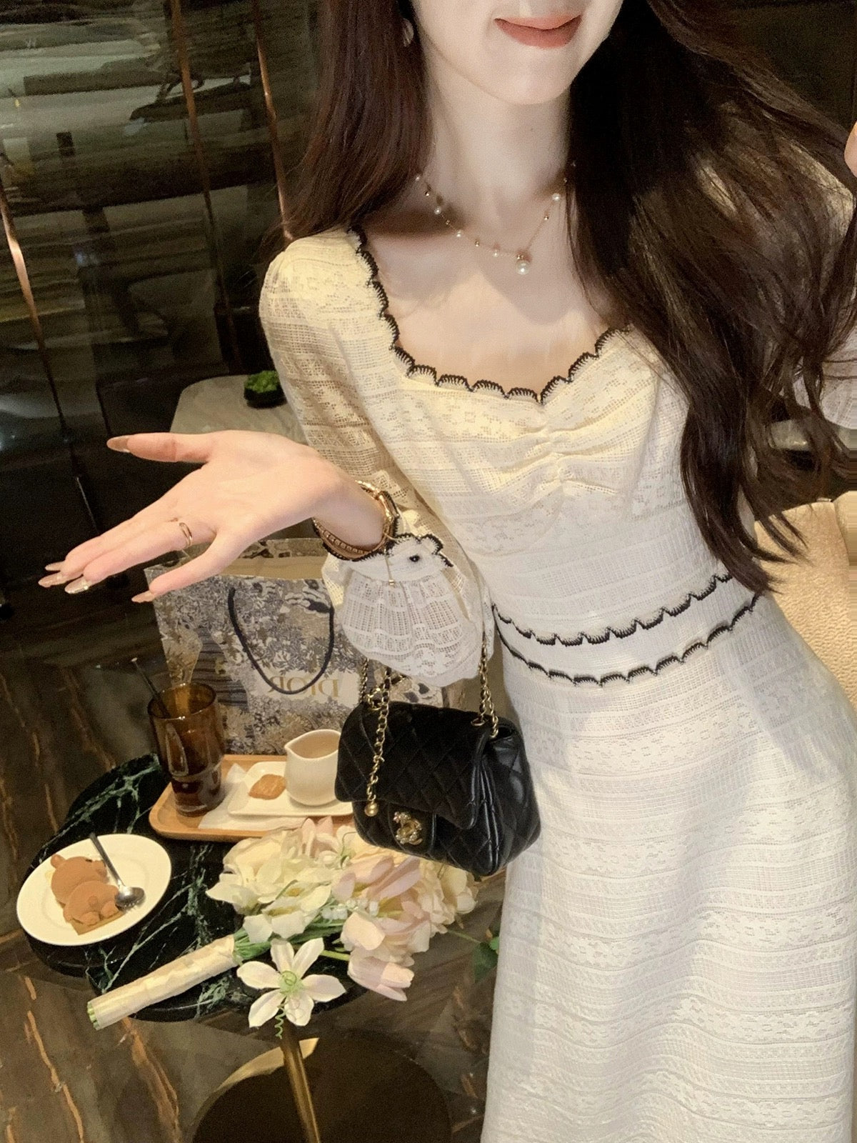 Fish Rabbit's Rabbit Square Neck Dress Women's 2024 New French Socialite Gentle Wind Long Sleeve Waist Long Skirt