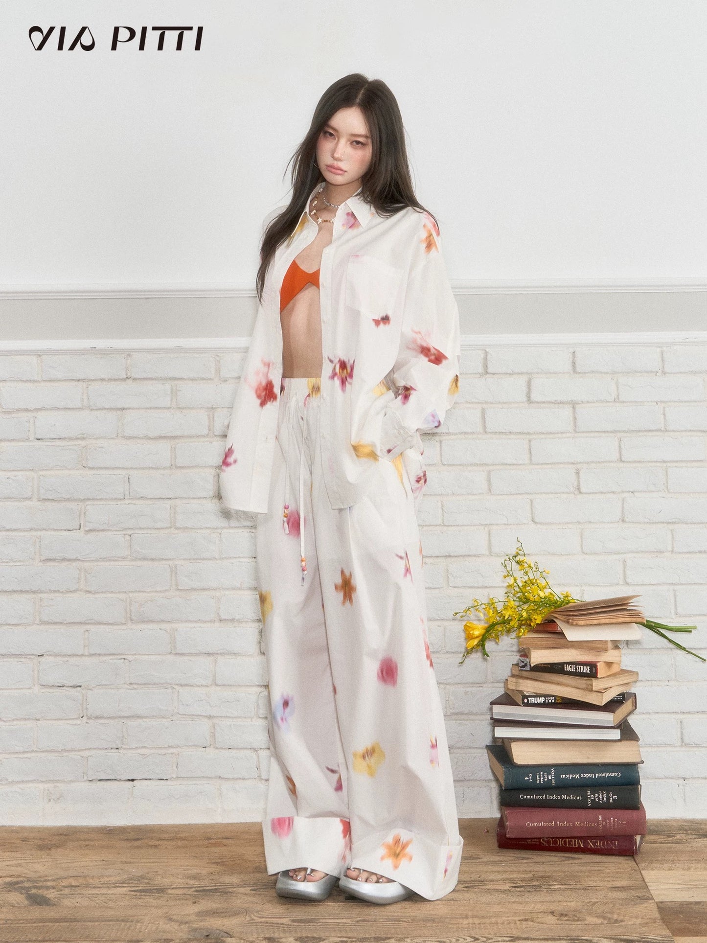 VIAPITTI designer flower drape casual pants trousers women's summer versatile retro slim straight pants