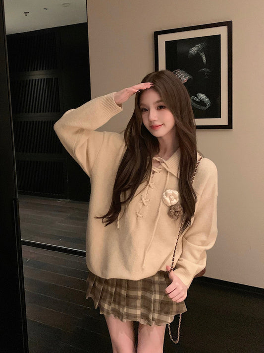 Qiu Rouyao Misty Warm Winter Drawstring Long Sleeve Sweater Women's Autumn and Winter New Small Lapel Knitted Sweater Loose Top