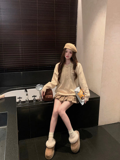 Qiu Rouyao Misty Warm Winter Drawstring Long Sleeve Sweater Women's Autumn and Winter New Small Lapel Knitted Sweater Loose Top