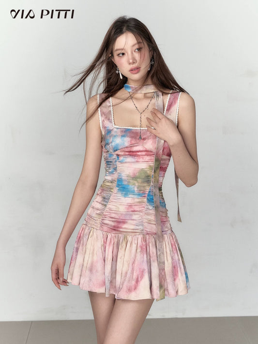 VIAPITTI design sense smudged color stitching dress women's summer new sling waist holiday style