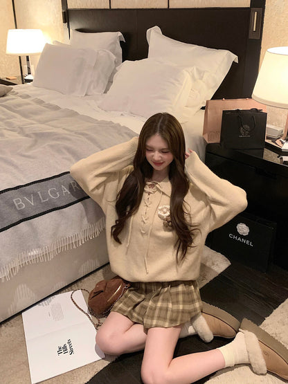 Qiu Rouyao Misty Warm Winter Drawstring Long Sleeve Sweater Women's Autumn and Winter New Small Lapel Knitted Sweater Loose Top