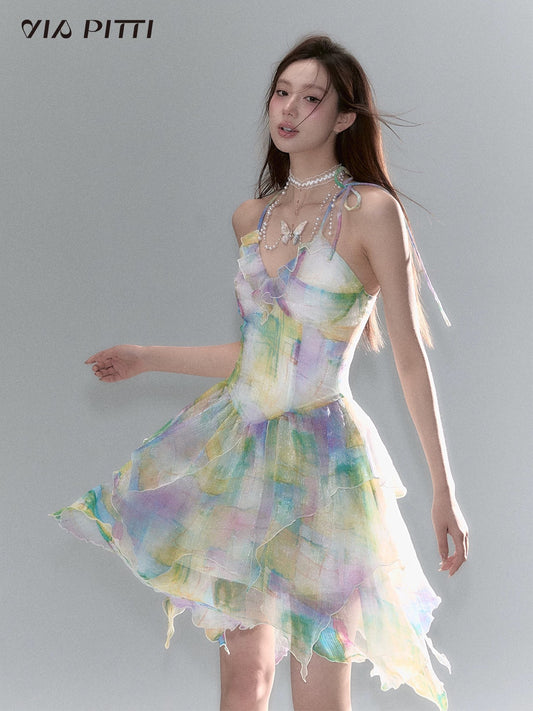 VIAPITTI design sense glittering gradient mesh waist dress women's summer sling slim holiday long dress