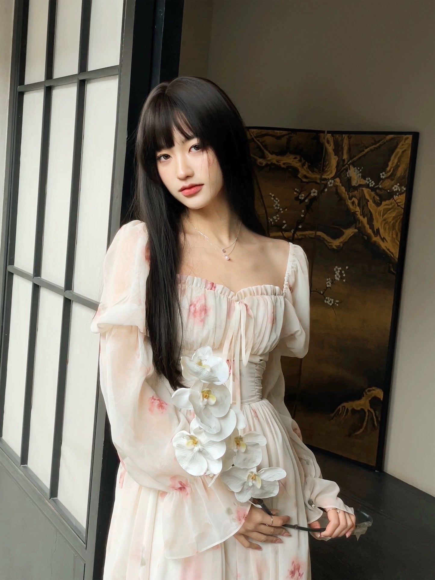 Dryross White Rose/Early Spring Chiffon Dress French Style Beautiful Puff Sleeve Long Sleeve Women's Floral Long Dress