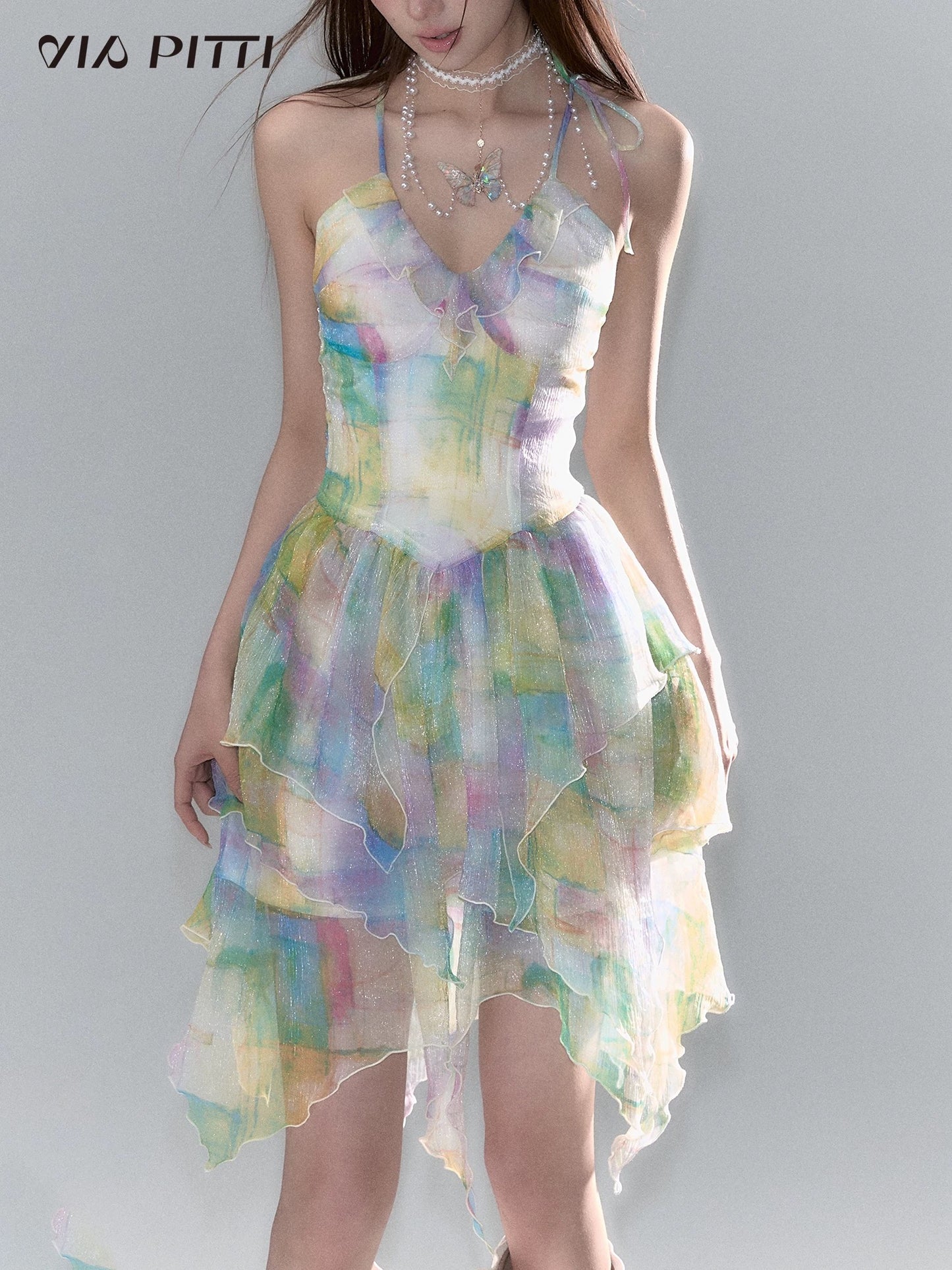 VIAPITTI design sense glittering gradient mesh waist dress women's summer sling slim holiday long dress