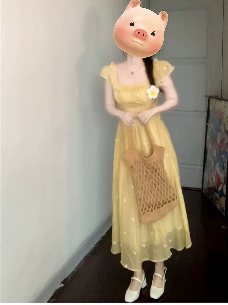 French square neck ear-hemmed short-sleeved embroidered dress for women. Summer beauty, gentle style, long skirt, waist slimming