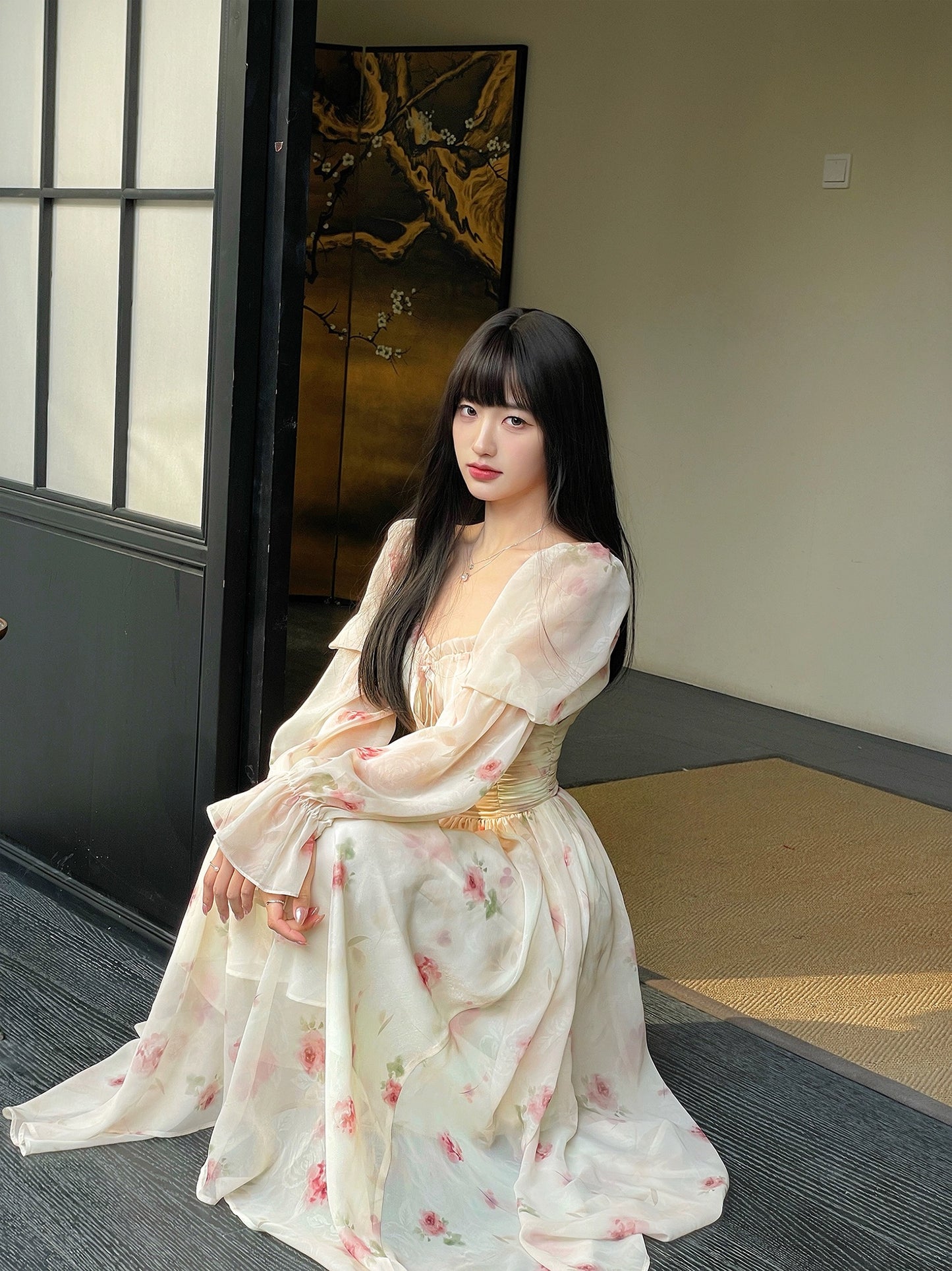 Dryross White Rose/Early Spring Chiffon Dress French Style Beautiful Puff Sleeve Long Sleeve Women's Floral Long Dress
