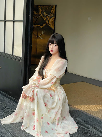 Dryross White Rose/Early Spring Chiffon Dress French Style Beautiful Puff Sleeve Long Sleeve Women's Floral Long Dress