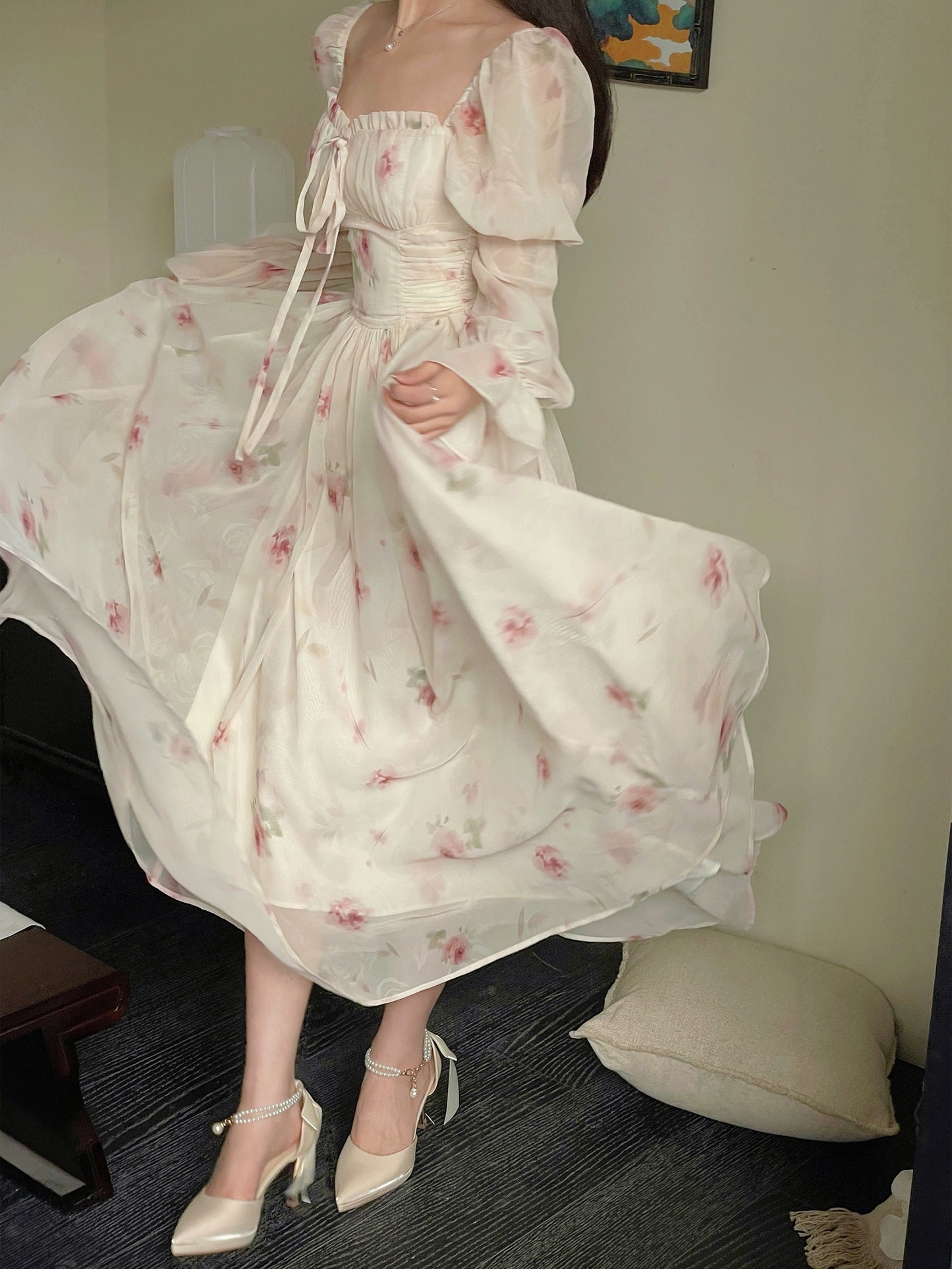 Dryross White Rose/Early Spring Chiffon Dress French Style Beautiful Puff Sleeve Long Sleeve Women's Floral Long Dress