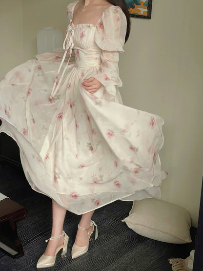 Dryross White Rose/Early Spring Chiffon Dress French Style Beautiful Puff Sleeve Long Sleeve Women's Floral Long Dress