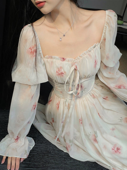 Dryross White Rose/Early Spring Chiffon Dress French Style Beautiful Puff Sleeve Long Sleeve Women's Floral Long Dress