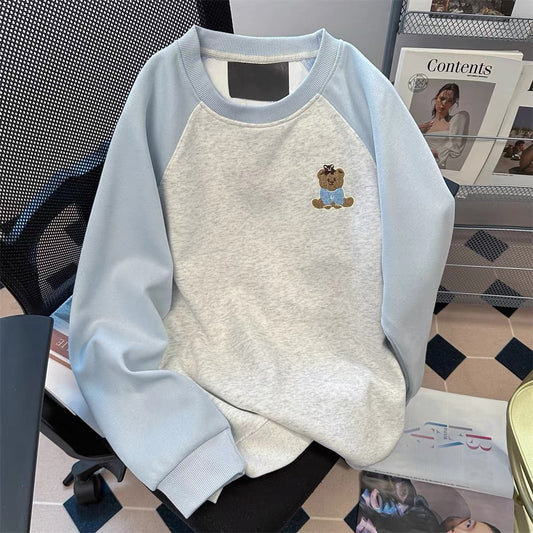 American style super beautiful contrast color raglan long sleeve sweatshirt women's spring and autumn Korean style wear cute bear embroidery plush top