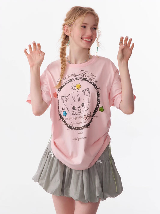 ziziFei summer American style large loose top design drawstring top round neck cat print short-sleeved T-shirt for women