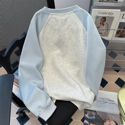 American style super beautiful contrast color raglan long sleeve sweatshirt women's spring and autumn Korean style wear cute bear embroidery plush top