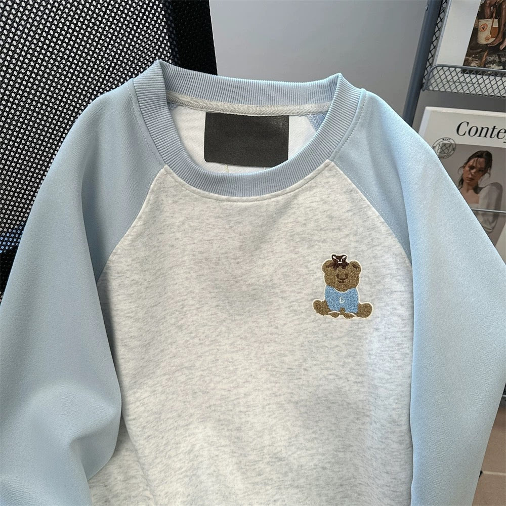 American style super beautiful contrast color raglan long sleeve sweatshirt women's spring and autumn Korean style wear cute bear embroidery plush top
