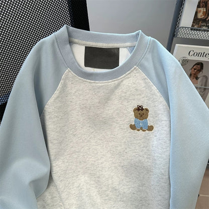 American style super beautiful contrast color raglan long sleeve sweatshirt women's spring and autumn Korean style wear cute bear embroidery plush top