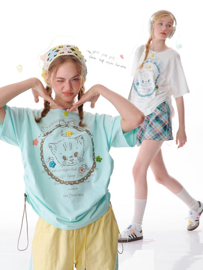 ziziFei summer American style large loose top design drawstring top round neck cat print short-sleeved T-shirt for women