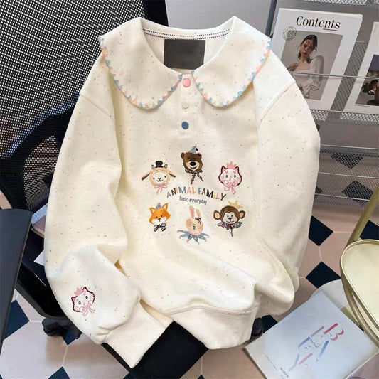 Artistic raw milk cute doll collar age-reducing cute sweater for women autumn sweet small size color dot cartoon embroidered top