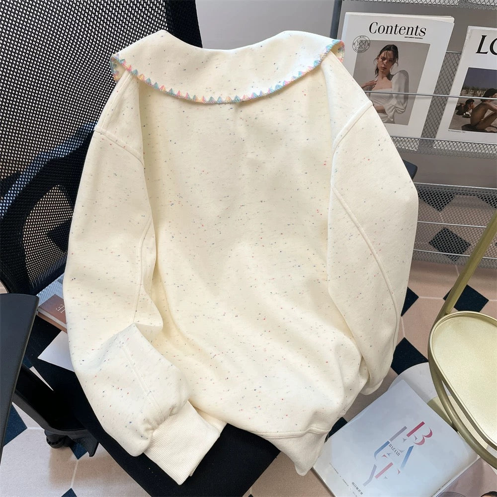 Artistic raw milk cute doll collar age-reducing cute sweater for women autumn sweet small size color dot cartoon embroidered top