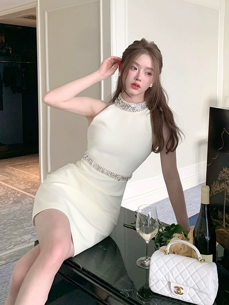 FanyFloss French halterneck sparkling diamond beaded waist dress light –  Lee Nhi Boutique