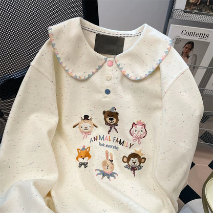 Artistic raw milk cute doll collar age-reducing cute sweater for women autumn sweet small size color dot cartoon embroidered top