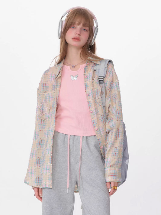 ziziFei spring and summer new style American retro design plaid long-sleeved top mid-length plaid shirt for women