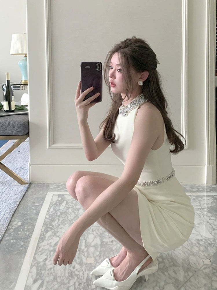 FanyFloss French halterneck sparkling diamond beaded waist dress light luxury sequin date holiday fairy dress summer
