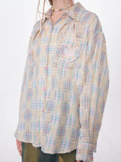 ziziFei spring and summer new style American retro design plaid long-sleeved top mid-length plaid shirt for women