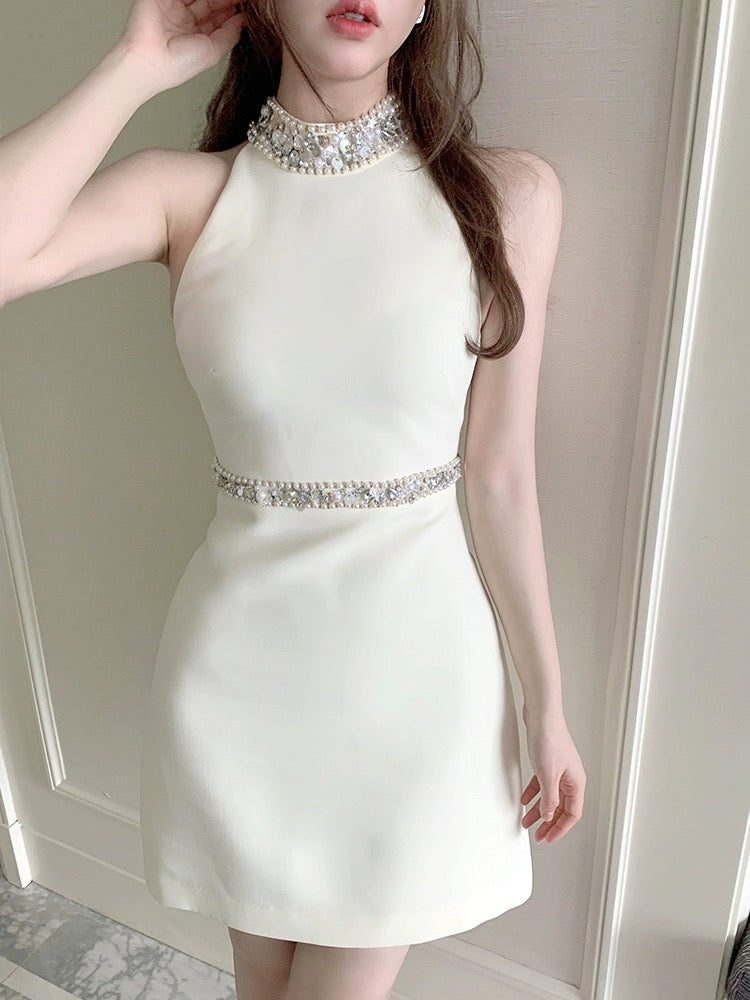 FanyFloss French halterneck sparkling diamond beaded waist dress light Lee Nhi Boutique FanyFloss French halterneck sparkling diamond beaded waist dress light Lee Nhi Boutique