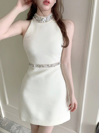 FanyFloss French halterneck sparkling diamond beaded waist dress light luxury sequin date holiday fairy dress summer