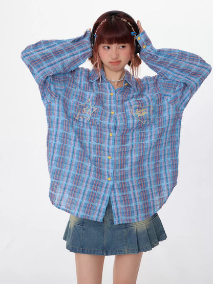 ziziFei spring and summer new style American retro design plaid long-sleeved top mid-length plaid shirt for women