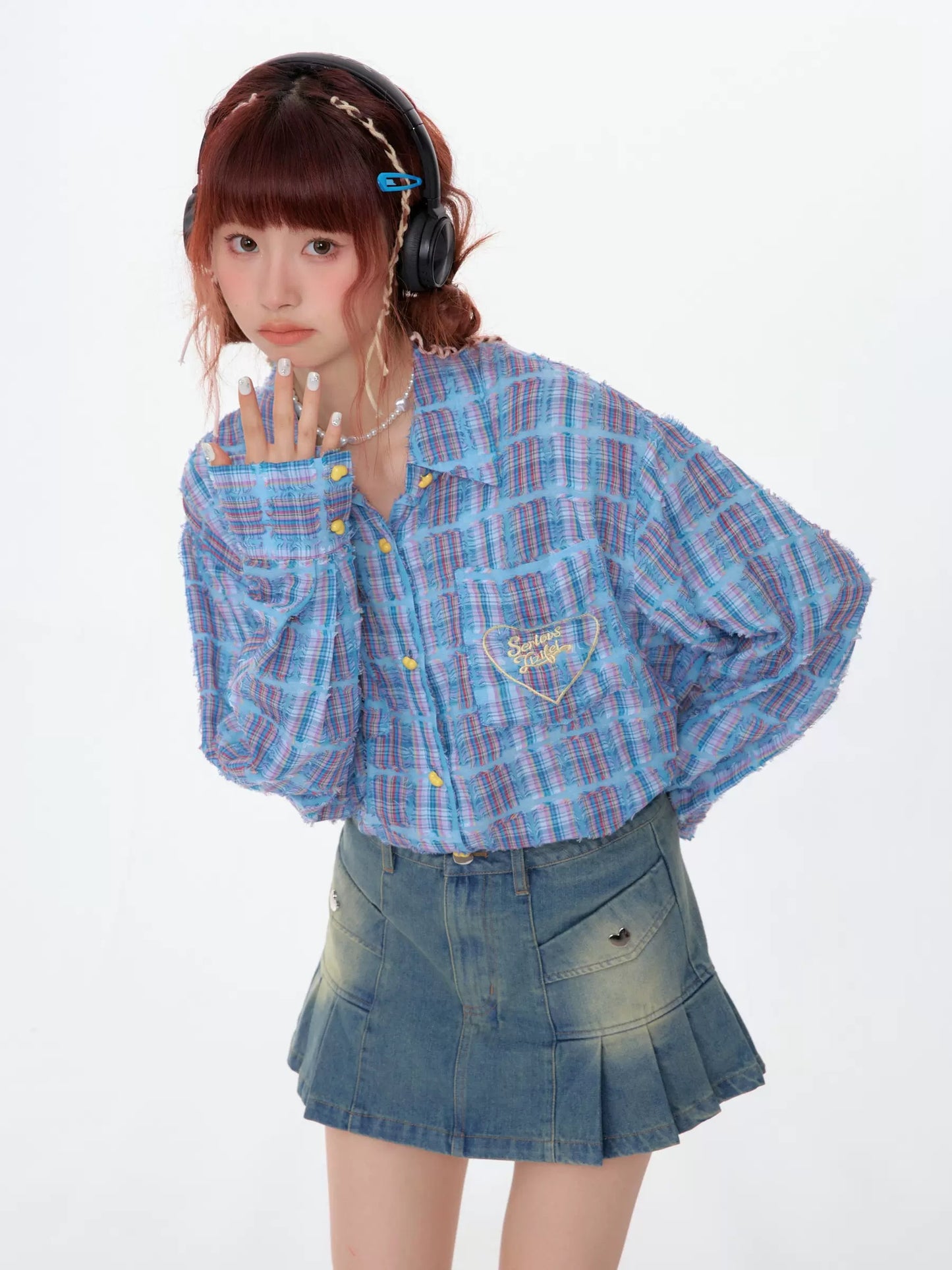 ziziFei spring and summer new style American retro design plaid long-sleeved top mid-length plaid shirt for women