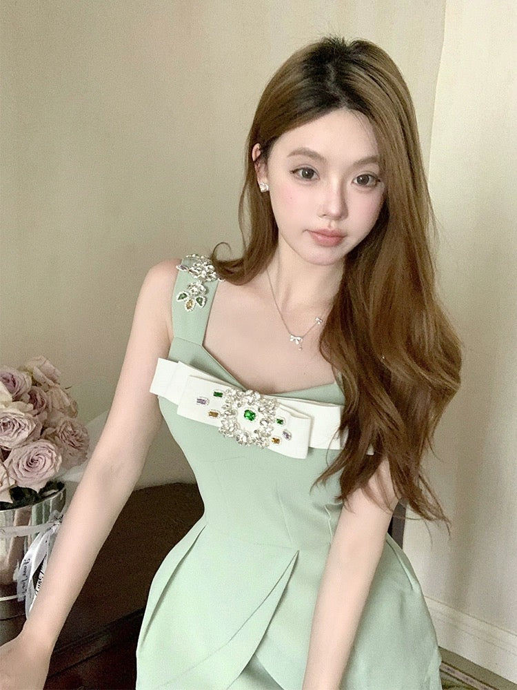 FanyFloss French sparkling diamond bow waist party dress summer design and temperament nail diamond suspender skirt