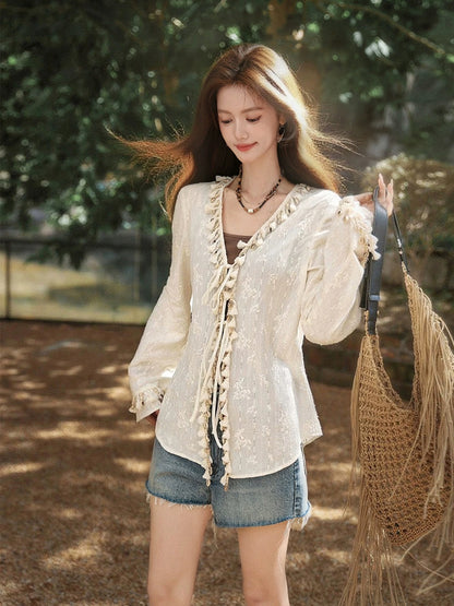 Plums are ripe 100% cotton wave holiday style heavy tassel shell tie cardigan women's summer trumpet sleeve top