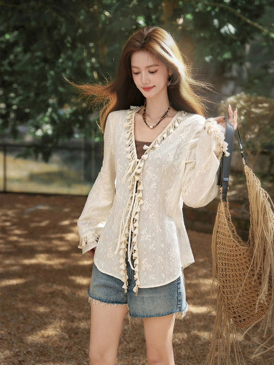 Plums are ripe 100% cotton wave holiday style heavy tassel shell tie cardigan women's summer trumpet sleeve top