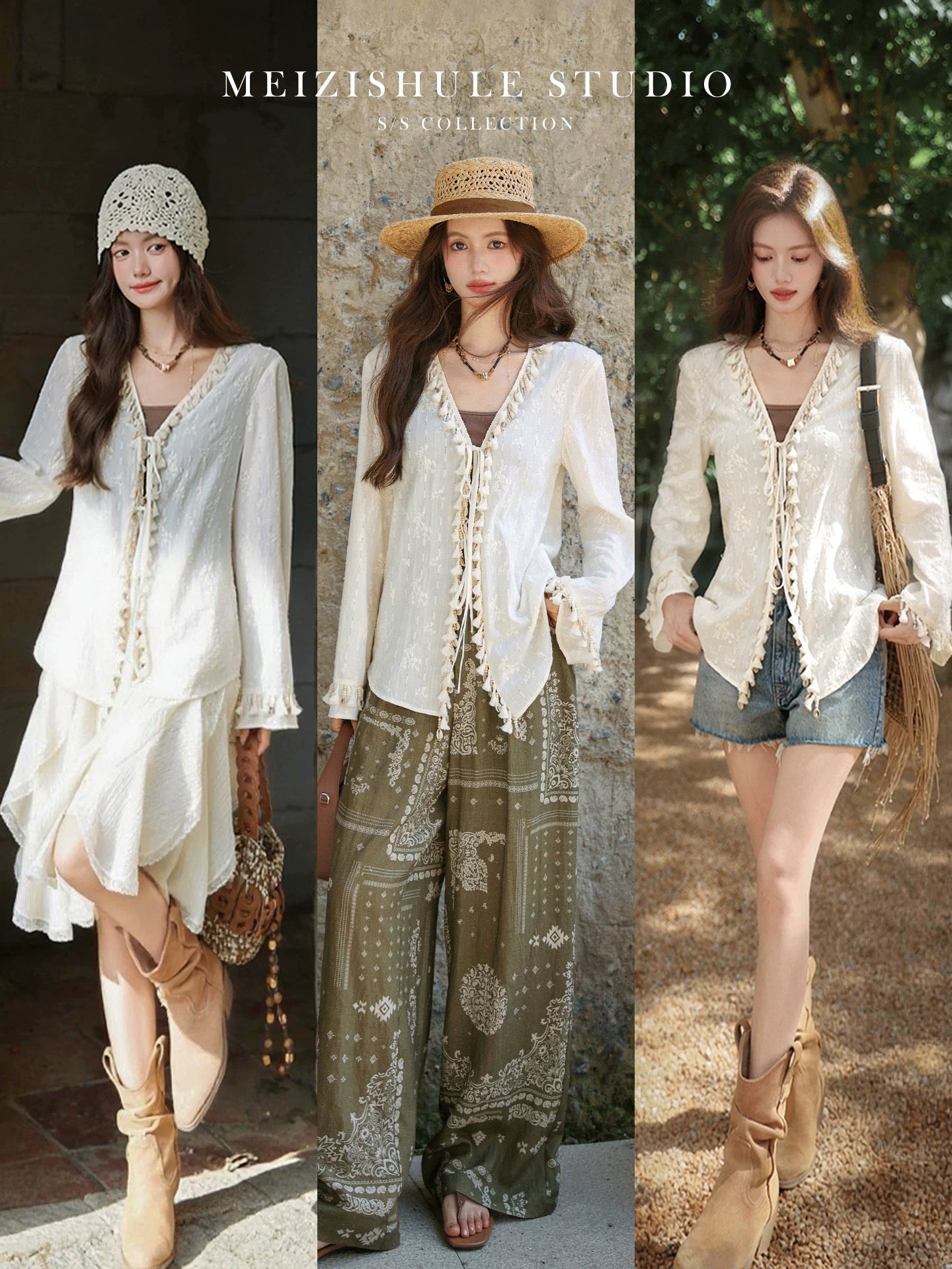 Plums are ripe 100% cotton wave holiday style heavy tassel shell tie cardigan women's summer trumpet sleeve top