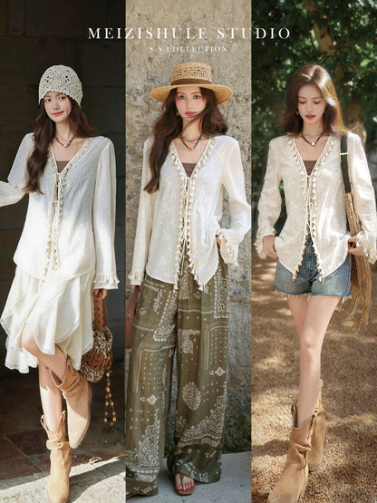 Plums are ripe 100% cotton wave holiday style heavy tassel shell tie cardigan women's summer trumpet sleeve top