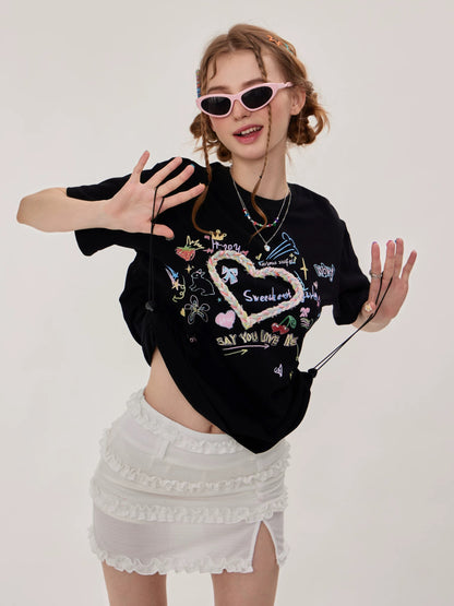 ziziFei summer loose design American retro drawstring top round neck three-dimensional love printed short-sleeved T-shirt for women